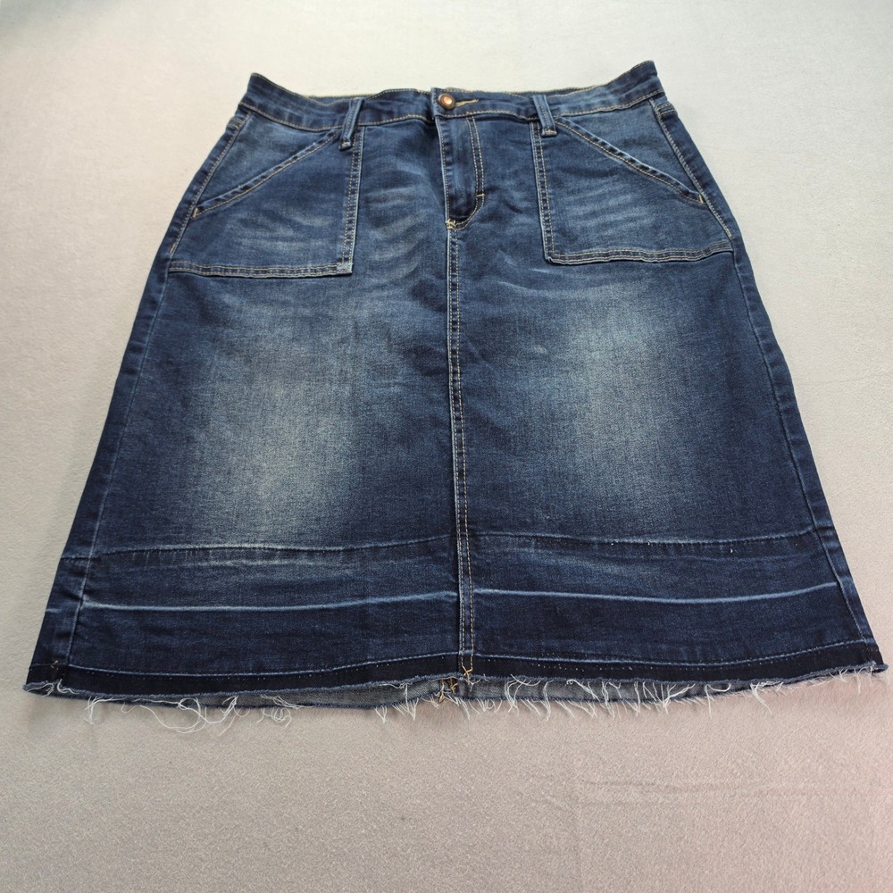 Zele Belle Womens Denim Mini Skirt Dark Wash Raw Hem Size 14 Stretch Pockets